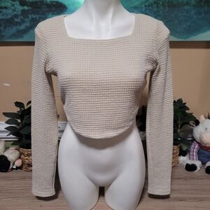 Womens Cropped Waffle Knit Square Neck Long Sleeve Top M Beige Casual Bodycon